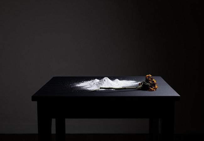 На чёрном столе в полумраке лежит кучка белого порошка и увядший жёлтый цветок